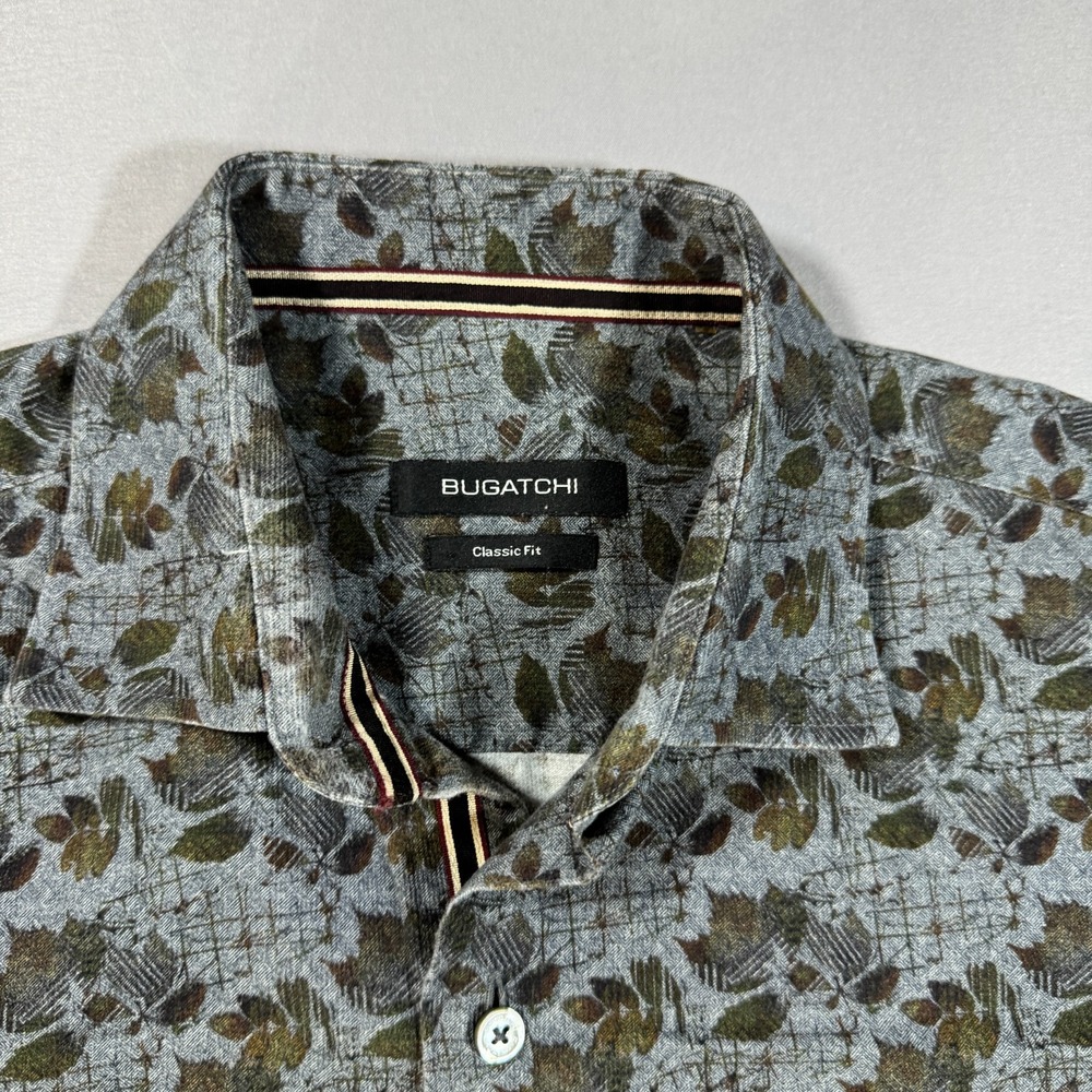 Bugatchi Mens Large Classic Fit Long Sleeve Button Down Shirt Leaf Print Gray - Picture 2 of 10